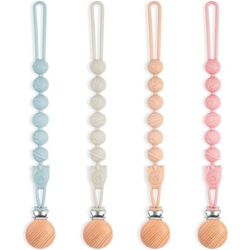 Silicone Pacifier Clip Holder with One Piece Design, Soft Flexible Binky Clips with Texture for Baby Boy and Girl,4 Packs(Blue & Grey & Pink & Brown)