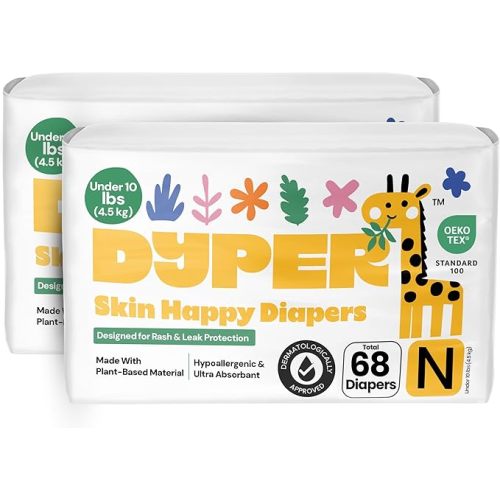 DYPER -Pack of 2 Newborn Baby Diapers Leak Proof Plant Based Hypoallergenic & Ultra Absorbent Disposable Diaper for Day & Overnight Skin-Friendly Comfort | Soft Newborn Diapers (Under 10lbs)