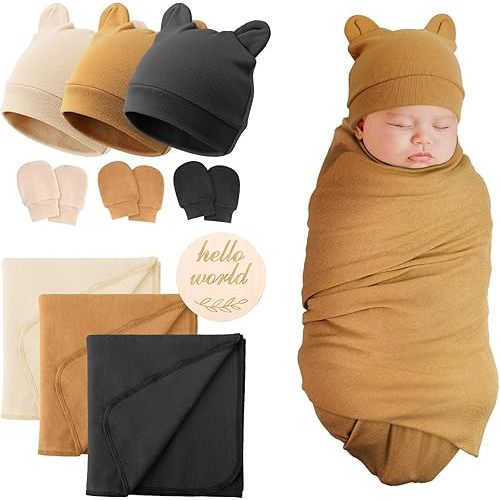 BQUBO 3 Sets Cotton Baby Swaddle Blankets Swaddling Wrap with Hats Mittens Newborn Soft Silky Nursery Receiving Blanket Cute Bear Ears Hat Elastic Gloves Set for Unisex Baby 0-3 Months