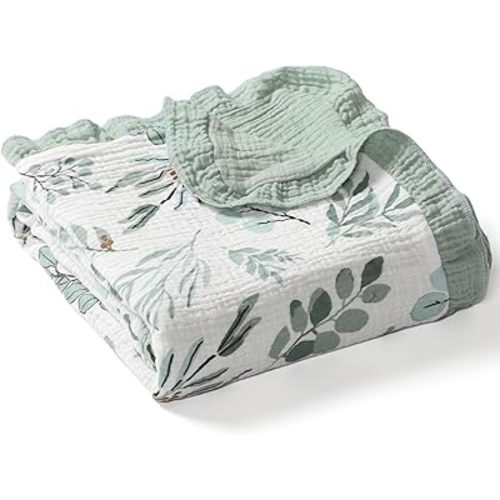 Organic Baby Blanket Flounce Edge Large 50"x43" Leaf Sagegreen, 100% Cotton Muslin Soft Breathable Toddler Quilt Crib Blankets Gender Neutral for Baby Boys Girls Bassinet, Bed, Stroller & Snuggling
