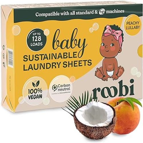 Roobi Baby Laundry Detergent Sheets. Specially Formulated for Sensitive Skin. Newborns, Infants & Toddlers Clothes. Peachy Lullaby Scent. Up to 128 Loads
