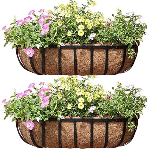 English Inviting Horse Trough Balcony Planter With Coconut LinerMetal Wall-Mounted Planter Box Deck Window Box 16 Inch (2 Pack)