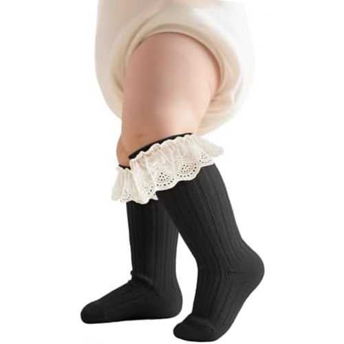 Zando Baby Girls Knee High Socks with Ruffles, Soft Cotton Long Tube Ruffle Socks for Preemie Infant Newborn Toddler 0-4T