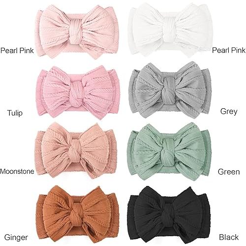 CÉLLOT 8 Pcs Super Stretchy Soft Handmade Headbands with Double Bows Head Wrap Nylon Hair Accessories For Newborn Babies Girls Infants Toddlers