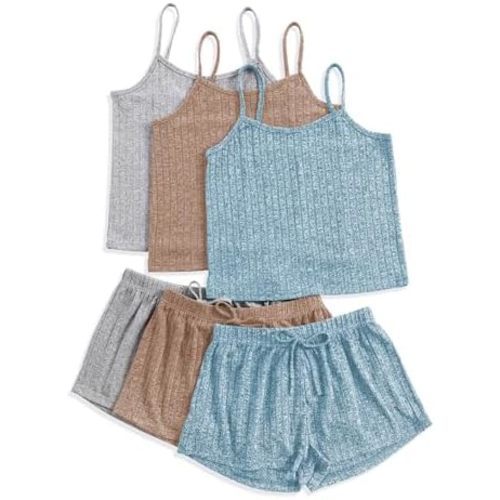 3 Sets for Women Ribbed Pajamas Set Crop Top and Shorts Button Lounge Set Sleeveless Pjs Sleepwear
