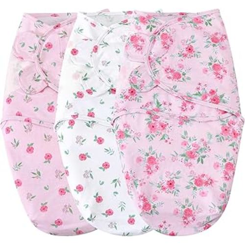 david's kids 100% Cotton 3 Pack Baby Swaddle Wrap for 0-3 Months, Soft Breathable Swaddle Blanket for Newborn Infant, Adjustable Baby Wrap Sleep Sacks for Girls, Newborn Essentials, Floral