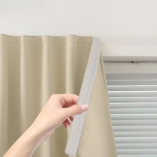 Self Adhesive Portable Blackout Curtains for Bedroom Easy to Install Window Thermal Lnsulated Kitchen Room Darkening Small Window Curtains, Cortinas Para Cuarto, 35"W X 59"L, Beige, 1 Panel