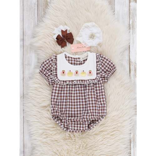 Turkey Flock Gingham Bubble Romper