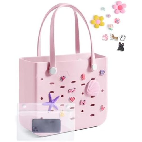 BAGSMART Beach Bag for Women, Water-resistant Rubber Tote Bag, Sandproof Vacation Essentials for Summer Swim Cruise Pool