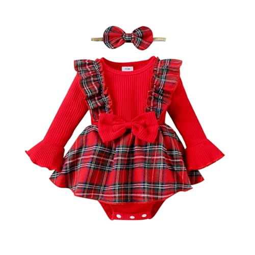 Newborn Baby Girl Christmas Outfit Ruffle Long Sleeve Red Velvet/Plaid Romper Dress Xmas Cute Fall Winter Clothes