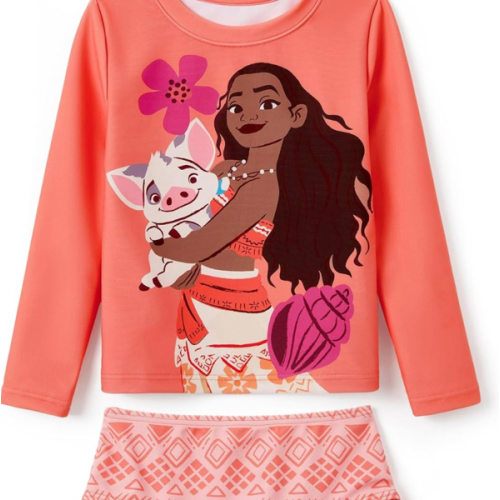 Disney Moana Two Piece Tankini Swimsuit Little Girl Long Sleeve Holiday Rash Guard Set UPF 50+ Beach Bathing Suit Orange Size 3-4T