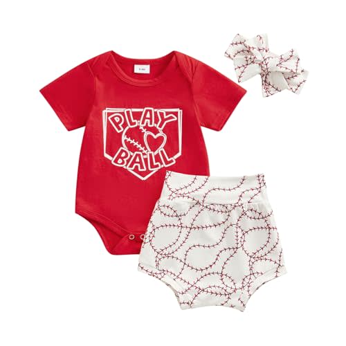 DNOMAID YZARC Newborn Baby Girl Baseball Outfit Short Sleeve Letters Print Romper Baseball Shorts Set Headband Summer Clothes