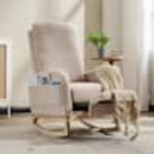 Unbranded Beige Teddy Rocking Chair with Footrest Upholstered Nursery Glider Rocker Lounge Armchair with High Backrest Side Pocket XS-MD4671335