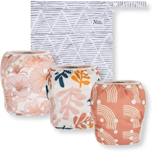 Nora's Nursery Reusable Swim Diapers and Wet Bag - One Size Fully Adjustable - Tropical 3 Pack with Wet Bag