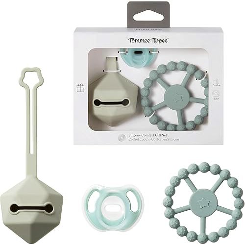 Tommee Tippee Silicone Comfort Gift Set, Ultra-light Pacifier 0-6m, Carry Case Hold 2 Pacifiers, Teething Ring 3m+