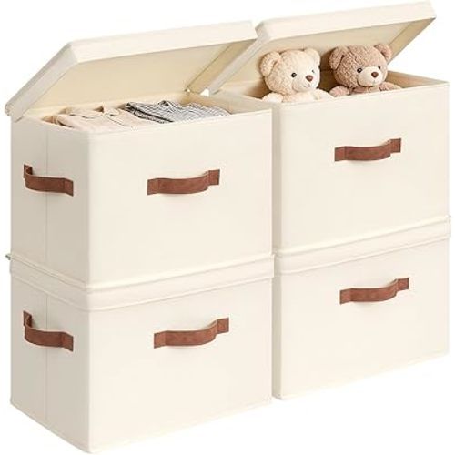 CHICVITA 4-Pack Medium Fabric Storage Baskets with Lids for Shelves,Ivory