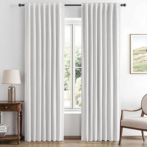 MIULEE 100% Blackout Linen Curtains for Bedroom, Heathered White Solid Luxury Decor Thermal Insulation Room Darkening Drapes for Living Room Nursery Back Tab Rod Pocket 42 x 84 Inches, 2 Panels