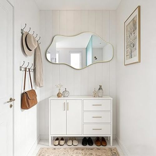 Gold Irregular Wall Mirror, 35.8"x17.7" Asymmetrical Tempered Glass Mirror, Modern Abstract Frameless Cloud Mirrors for Living Room Bedroom Entryway, Horizontal or Vertical Hanging