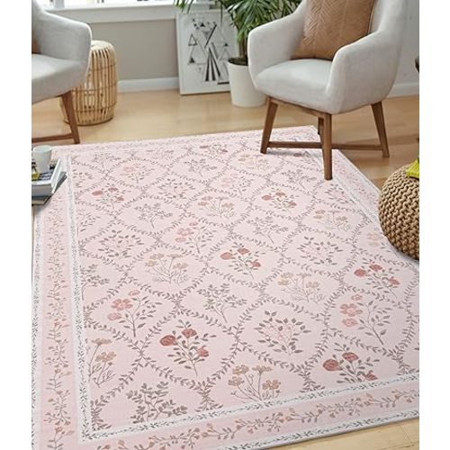 YIHOUSE Pink Floral Rugs, Boho Vintage 5x7 Washable Large Floral Rug, Moroccan Trellis Pastel Non Slip Ultra-Thin Area Rug for Living Room, Classroom, Playroom, Dorm, Bedroom, Kitchen, Pink Multi