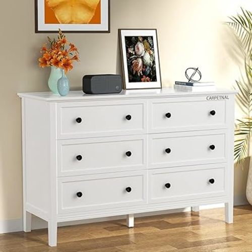 CARPETNAL White Dresser for Bedroom, 6 Drawer Dresser with Wide Drawer and Metal Handles, Wood Dressers & Chests of Drawers for Hallway, Entryway.
