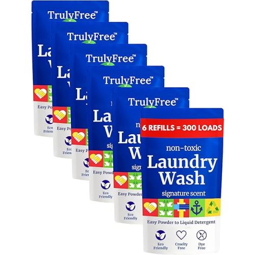 Truly Free Natural Laundry Detergent for Sensitive Skin | Eco Friendly, Plant Based, Baby Clothes Safe | Clean & Easy Powder to Liquid, 6 Pack Refill Detergent, NO Jug | Signature Scent, 300 Loads
