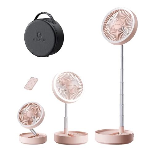 Gaiatop Portable Pedestal Fan 16000mAh Battery [Max 74h Runtime], Foldable Oscillating Standing Fan, Collapsible Desk Fans, LED Light, Case & Remote Control, 4 Speeds for Outdoor Travel Camping (Pink)