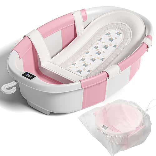 Collapsible Baby Bathtub with Soft Cushion and Thermometer, Newborn to Toddler Tub 0-36 Months with Toy Storage Mesh Bag, Portable Travel Bath for Infants (Pink)