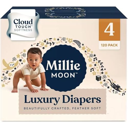 Millie Moon Luxury Diapers – Ultra Soft Cloud Touch Disposable Diapers with 12 Hour Absorbency & Wetness Indicator (4-120ct)