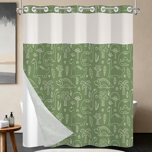 NAEMBCU No Hook Shower Curtain with Snap in Liner for Kids Bathroom – Green Dinosaur Print Fabric Shower Curtain, Cartoon Funny Bath Decor with See Through Top Window for Boys and Girls, 71x74 Inch