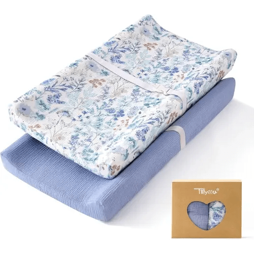 TILLYOU Muslin Changing Pad Cover for Baby Girls Boys, Soft and Breathable Cotton Diaper Changing Table Cover, 2 Pack(Blue Flower)