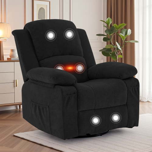 GEEYOO Swivel Rocker Recliner Chair with Massage and Heat Glider Recliner for Adults with Side Pockets Chenille for Living Room,Black