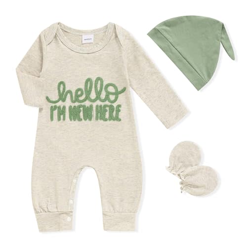 GRNSHTS Newborn Baby Boy Romper Coming Home Outfits Letter Print Bodysuit Jumpsuit+Hat+Gloves 3PCS Clothes Set