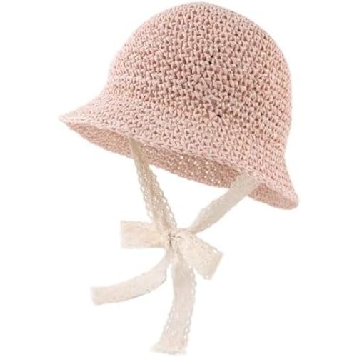 JANGANNSA Baby Girl Straw Hat Outdoor Baby Sun Protection Hats Summer Bowknot Beach Cap for Infant Toddler Girls(Lace Tie-Pink,6-24 Months)