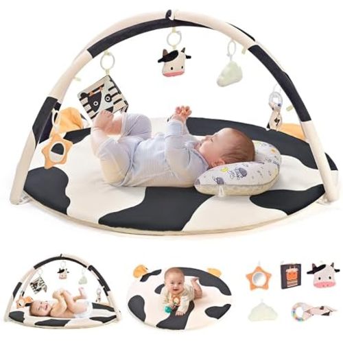 2PM SPORTS Cow Baby Playmat Activity Gym for Infant 0-12 Months with 5 Toys