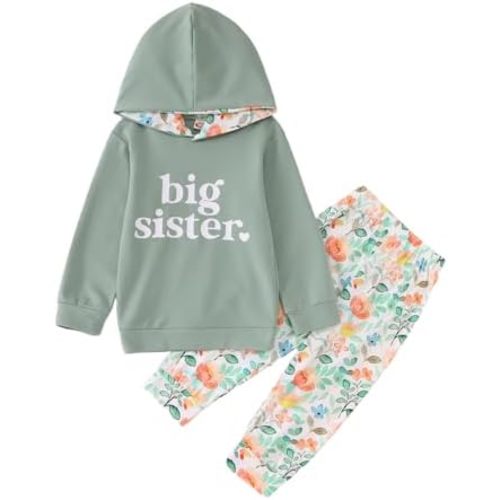 GLIGLITTR Big Sister Outfit Toddler Baby Girl Big Sis Hoodie Sweatshirt Floral Pants 2PC Sets Kids Cute Fall Winter Clothes