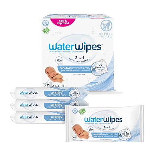 WaterWipes Sensitive+ Newborn & Baby Wipes, 3-In-1 Cleans, Cares, Protects, 99.9% Water, Unscented & Hypoallergenic, 240 Count (4 Packs)