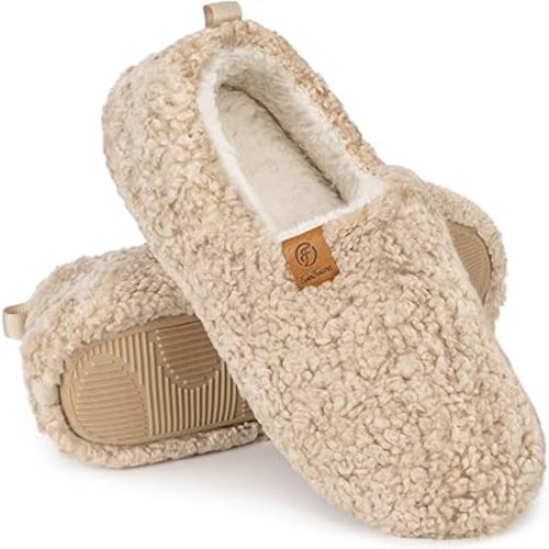 EverFoams Women’s Soft Curly Full Slippers Memory Foam Lightweight House Shoes Cozy Loafer with Polar Fleece Lining
