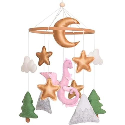 Dragon Baby Mobile, Forest Mobile for Crib, Pink Crib Mobile Girls, Nursery Mobile for Bassinet, Pack and Play, Moon, Pink Dragon, Cloud, Star, Mountain, Tree