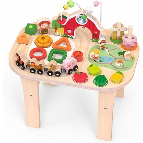 Weilim Montessori Activity Table for 1 Year Old, Wooden Farm Toddler Toy | Busy Activity Center with Bead Maze, Shape Sorter, Train Track & Spinning Gears—Sensory Play That Grows Fine Motor Skills