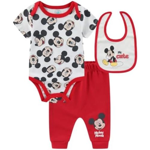 Disney Mickey Mouse Baby Boys Bodysuit with Bib and Pants 3 Piece Set for Newborn Infants