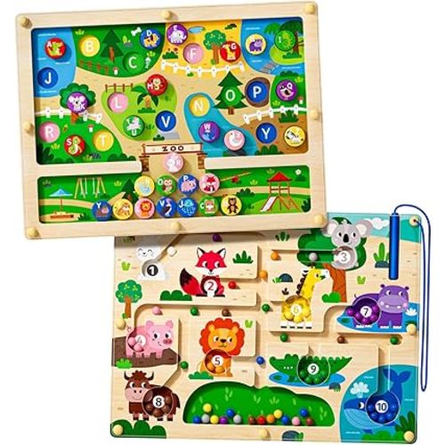 Magnetic Maze 2 in 1 Double Side Color and Number Maze Alphabet Puzzle Board for 3-5 Boys and Girls Kids Montessori Educational Toys (Zoo, One Size)