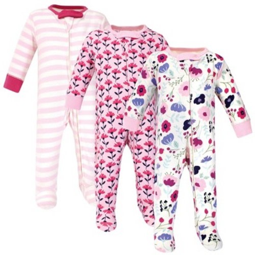 Touched by Nature Baby Girl Organic Cotton Zipper Sleep and Play 3pk, Pink Botanical, 3-6 Months
