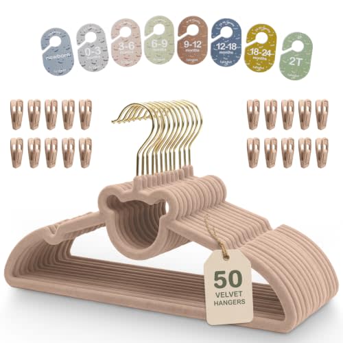 Velvet Baby Hangers with Clips & Size Dividers, 50 Pack | Organize baby clothes from newborn to 2T with 8 size dividers and 20 clips for outfits, pants, and growing wardrobes