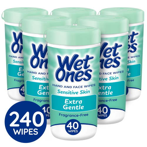 Wet Ones Sensitive Skin Hand Wipes, Fragrance Free/Unscented, 40 Ct Canister 6 Pack, 240 Total Wipes