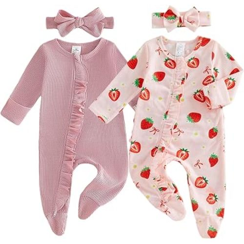 Baby Girl Footies Newborn Zipper Sleeper 2 Pack Ruffle Pajamas Romper Coming Home Outfit