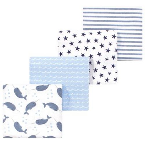 Luvable Friends Hudson Baby Cotton Poly Flannel Receiving Blankets 4pk, Blue Narwhal
