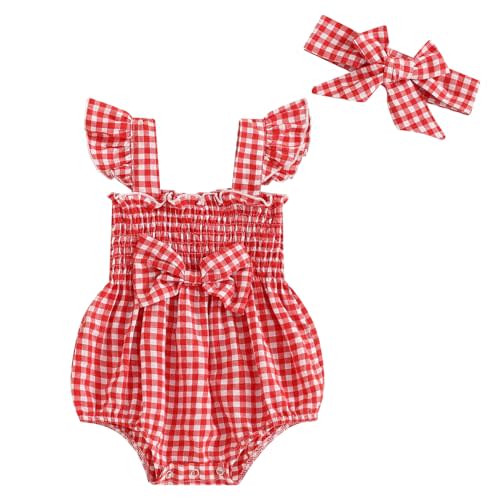 Infant Newborn Baby Girl Summer Outfit One Piece Smocked Romper Ruffle Sleeve Plaid Playsuit Headband 3 6 9 12 18M