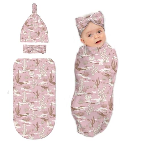 Cute Cactus Baby Stuff Newborn Swaddle Blanket with Beanie Hat and Headband Set,Baby Swaddle Blanket Gifts for Infant Shower Boys Girls