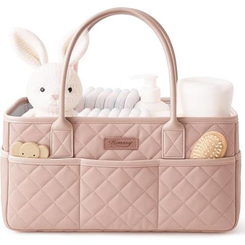 Konssy Quilted Diaper Caddy Organizer, Diaper Caddy Basket with PU Leather Handles, Water-Repellent Nursery Storage Basket, Portable Car Organizer, Registry Search Must Haves (Blush Pink)