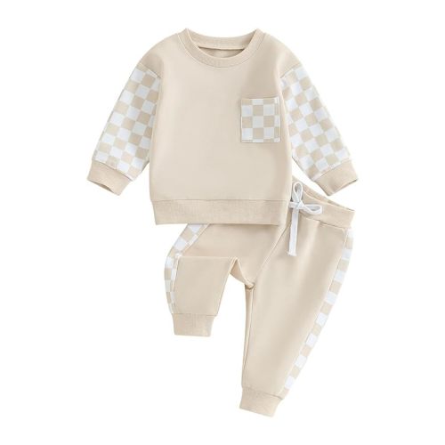 Toddler Baby Boy Fall Outfit Checkerboard Patchwork Long Sleeve Sweatshirts Elastic Waist Pants Cute Newborn Clothes Set
